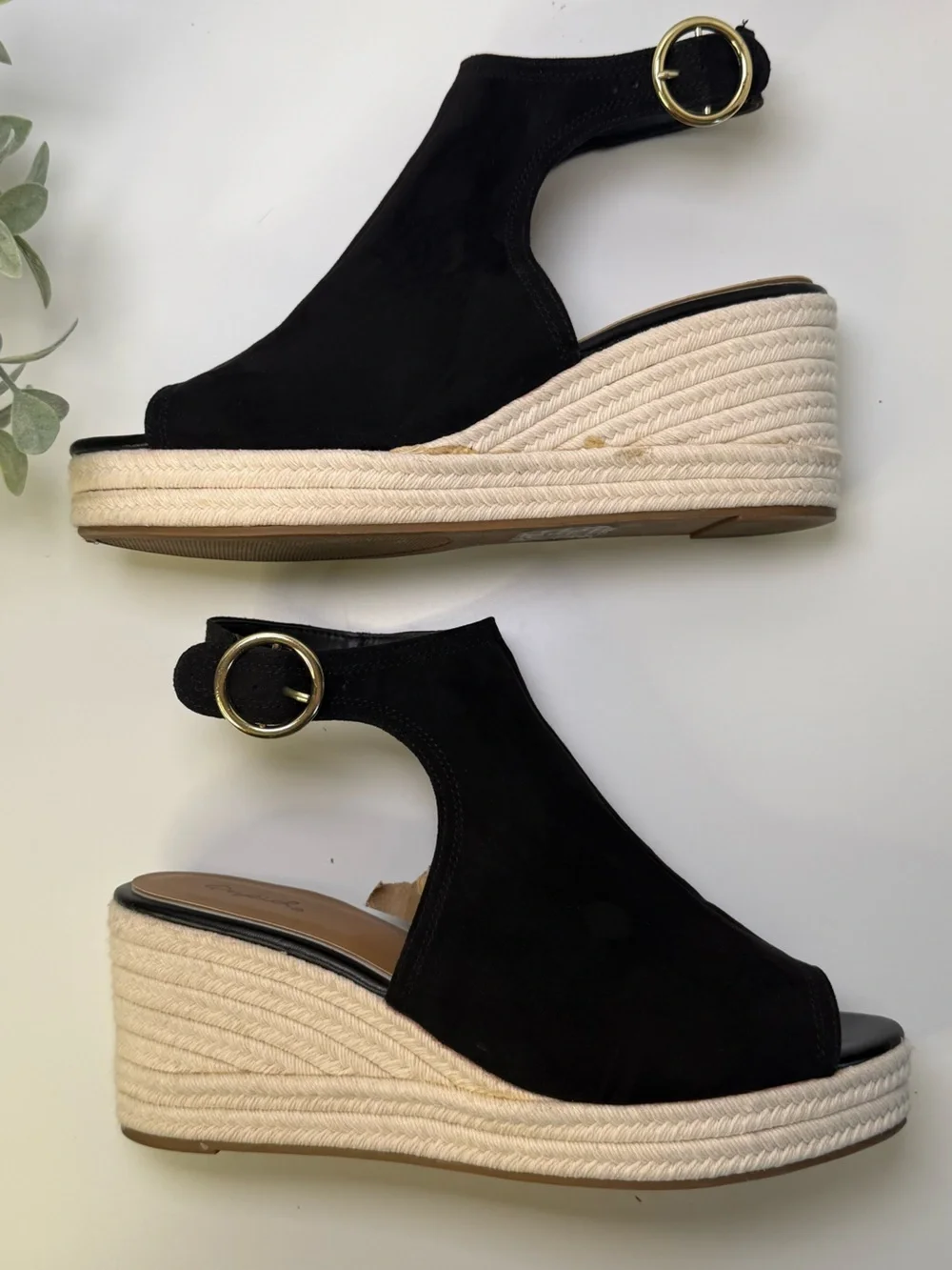 Qupid Caleb Black & Beige Open-Toe Espadrille Wedge Boho Sandals Womens Size 10